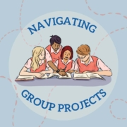 Navigating Group Projects. Image of children working together on a school project. Image contains blue and orange, the latter of which is the main color of Hodis Learning & Music's brand.